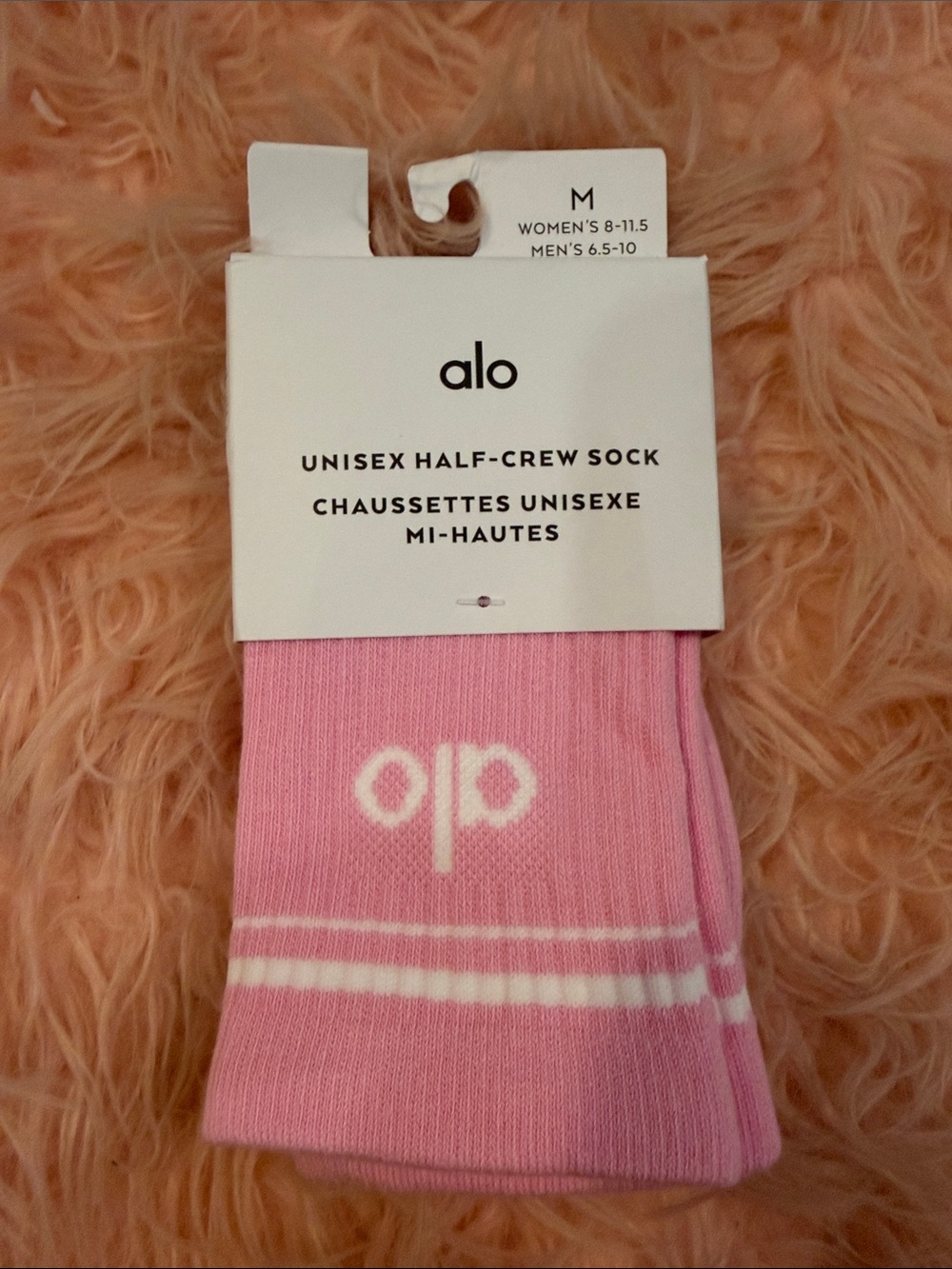 ALO Yoga Unisex Half-Crew Socks in Light Pink with White Stripe